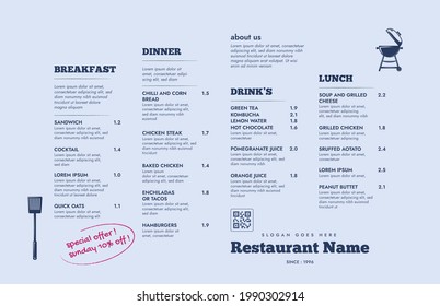 Restaurant cafe menu, template design. One page food menu template.