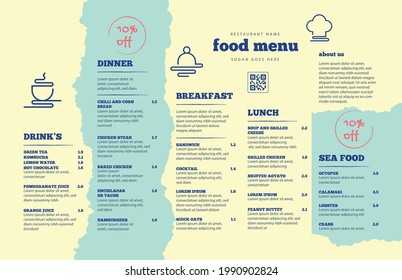 Restaurant cafe menu, template design. One page food menu template.