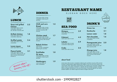 Restaurant cafe menu, template design. One page food menu template.