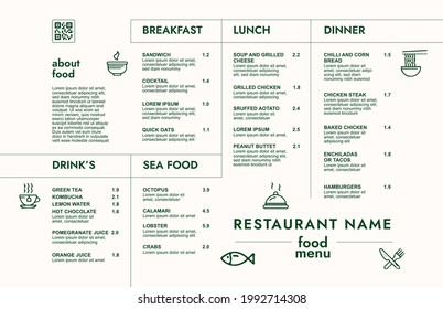 Restaurant cafe menu, template design. Single page food menu template.