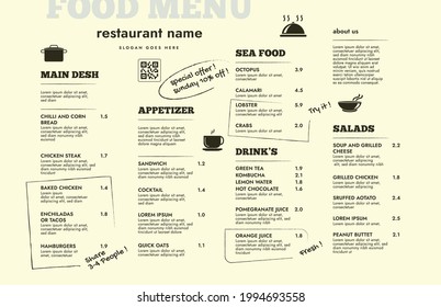 Restaurant cafe menu, template design. Single page food menu template.