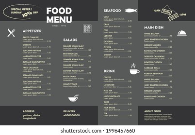 Restaurant cafe menu, template design. Single page food menu template.