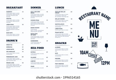 Restaurant cafe menu, template design. Single page food menu template.