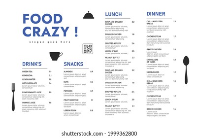 Restaurant cafe menu, template design. Single page food menu template.