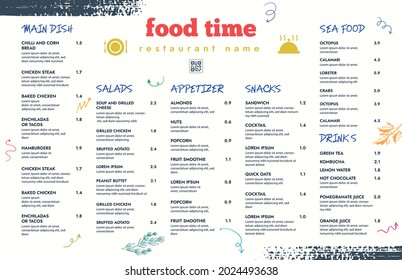 Restaurant cafe menu, template design. Single page food menu template.
