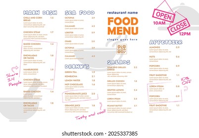 Restaurant cafe menu, template design. Single page food menu template.