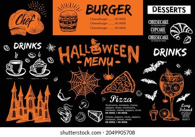 Restaurant cafe menu, template design, Halloween menu, Food flyer.	