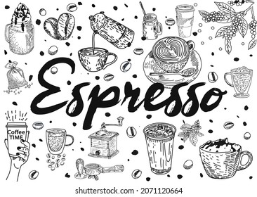 Restaurant cafe menu, template design. Decorative sketch of cup of coffee. Food flyer.