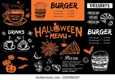 Restaurant cafe menu, template design, Halloween menu, Food flyer.	