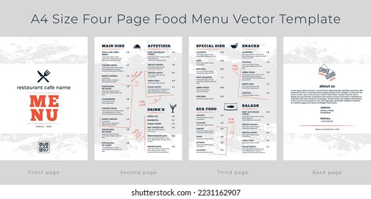 Restaurant cafe menu, template design, A4 size four page food menu template