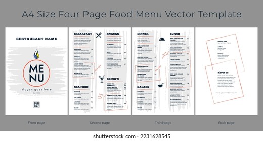Restaurant cafe menu, template design, A4 size four page creative food menu template