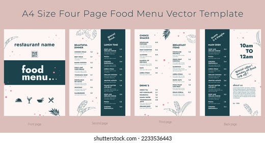 Restaurant cafe menu, template design, A4 size four page food menu template