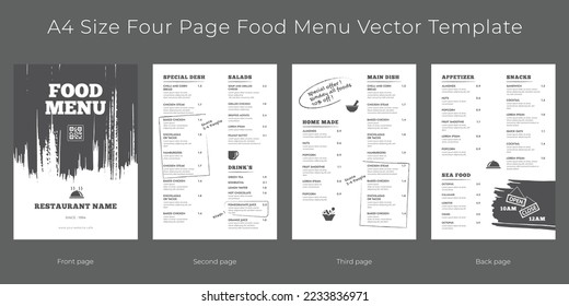 Menú de café restaurante, diseño de plantilla, plantilla de menú de cuatro páginas tamaño A4 menú de comida vectorial plantilla