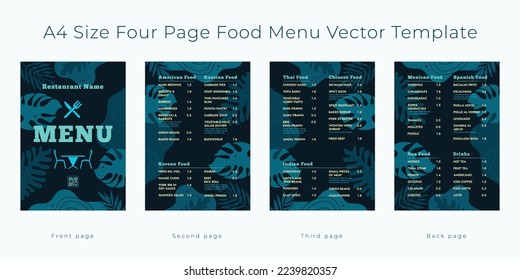 Restaurant cafe menu, template design, A4 size, Four page food menu template