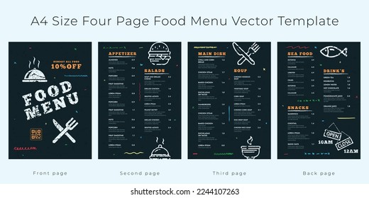 Restaurant cafe menu, template design, A4 Size, Four page food menu template