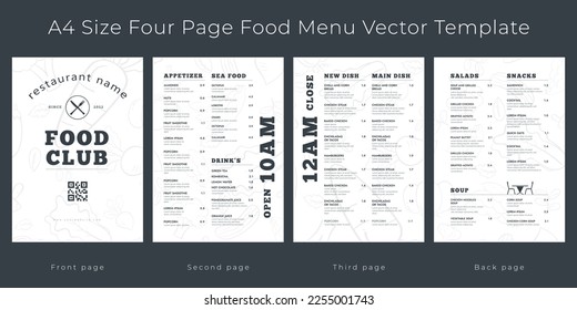 Restaurant cafe menu, template design. A4 size, Four page food menu template