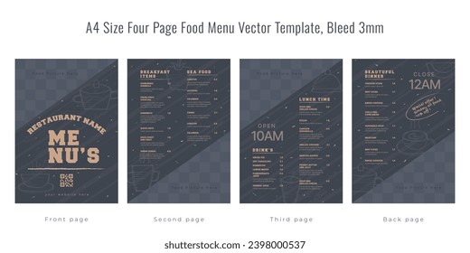 Restaurant cafe menu, template design, A4 size four page food menu template, Bleed 3mm