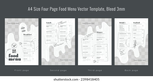 Restaurant cafe menu, template design, A4 size four page food menu template, Bleed 3mm