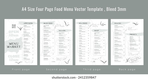 Restaurant cafe menu, template design, A4 size four page food menu template, Bleed 3mm