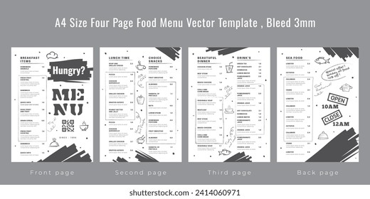 Restaurant cafe menu, template design, A4 size four page food menu template, Bleed 3mm