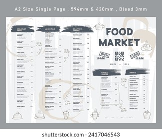 Restaurant cafe menu, template design. Single page food menu template, A2 size single page.