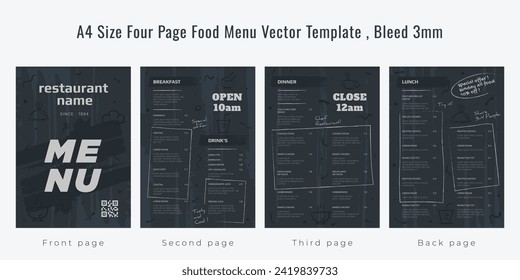 Restaurant cafe menu, template design, A4 size four page food menu template, Bleed 3mm