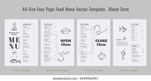 Restaurant-Café-Menü, Vorlage-Design, A4-Größe vierseitige Speisekarte-Vorlage, Bleed 3mm