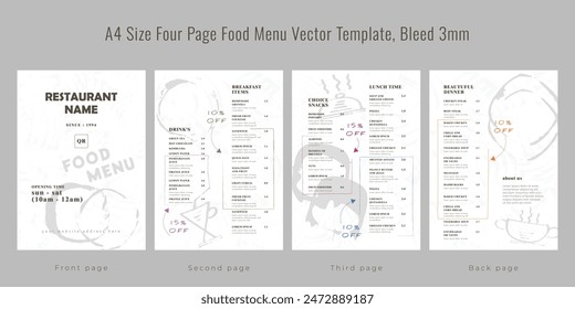 Restaurant cafe menu, template design, A4 size four page food menu template, Bleed 3mm