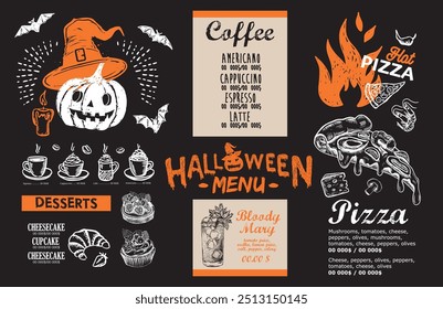 Restaurant cafe menu, template design, Halloween menu, Food flyer.	