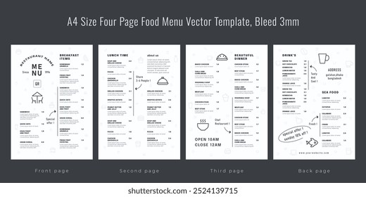 Restaurant cafe menu, template design, A4 size four page food menu template, Bleed 3mm