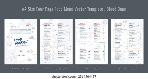 Restaurant cafe menu, template design, A4 size four page food menu template, Bleed 3mm