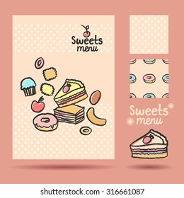 Restaurant cafe menu, template design. Food flyer. Seamless pattern, hand drawn background. Sweets. Cookies, cake, apples, donuts, muffins, bagels. Confectionery, bakery