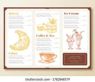 Restaurant or Cafe Menu Template. Retro Style Design Layout with Hand Drawn Croissant, Cake, Ice Cream and Coffee Cup Sketches. Food and Beverages Confectionary. Isolated.