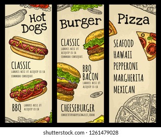 Restaurant or cafe menu with text. Best burger, Hotdog, Pizza handwriting lettering. Vintage monochrome vector engraving illustration on old beige craft paper