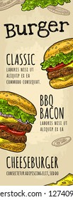 Restaurant or cafe menu with text. Burger calligraphy lettering. Vintage color vector engraving illustration on old beige craft paper