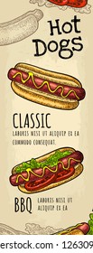 Restaurant or cafe menu with text. HotDog calligraphy lettering. Vintage monochrome vector engraving illustration on old beige craft paper