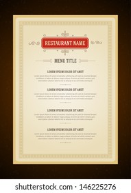 Restaurant or cafe menu vector design template vintage style. Flourishes calligraphic. 