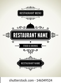 Restaurant or cafe menu vector design labels vintage style set. Flourishes calligraphic. 