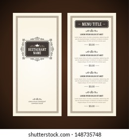 Restaurant or cafe menu vector design template vintage style. Flourishes calligraphic. 