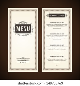 Restaurant or cafe menu vector design template vintage style. Flourishes calligraphic. 