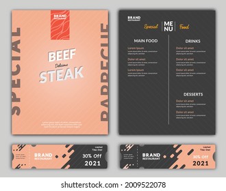 Restaurant cafe menu with voucher design for Korean food, Japanese, chinese food or any bussiness food related beef steak, template design. Food flyer. Vector illustration. 