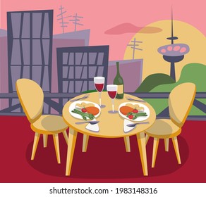 Restaurant or cafe on rooftop with view to the city. Place for romantic dating. Table with dishes and two chair. Cityscape on sunset