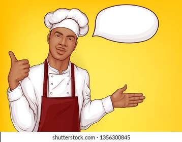 Restaurant, cafe opening promotion campaign pop art vector banner. African-american chef cook in uniform, toque and red apron welcoming guests, showing thumbs up illustration with blank speak cloud