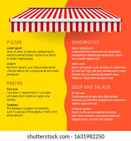 Restaurant or cafe, pizzeria menu template with red and white striped awning with soft shadow. Leaflet or flyer yellow and orange background.