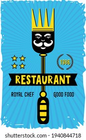 Restaurant and cafe poster with fork and crown. Vintage vector background for food service. Menu cover template.