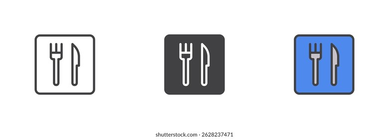 Restaurant or cafe sign different style icon set. Line, glyph and filled outline colorful version, outline and filled vector sign. Fork and a knife symbol, logo illustration. Vector graphics