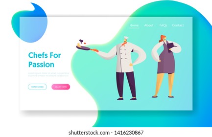 Restaurant Cafe Staff. Male and Female Characters in Uniform. Administrator Girl with Notebook, Chief in Toque with Frying Pan. Website Landing Page, Web Page. Cartoon Flat Vector Illustration, Banner