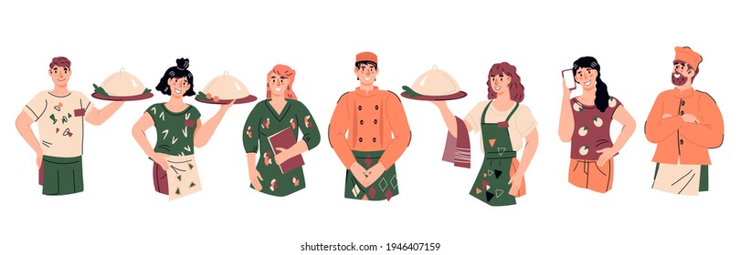 Restaurant- oder Cafeteria-Personal - Kellnerin und Kellnerin, Manager und Köche im einheitlichen Stehen, Cartoon-Vektorgrafik einzeln auf weißem Hintergrund. Restaurant- und Küchenpersonal.
