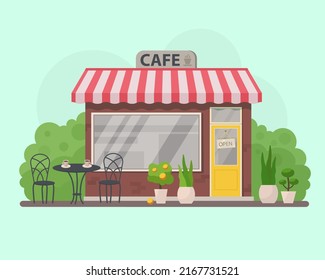 Restaurant cafe or store building on town street landscape. Bistro cafe, store and shop retail street business buildings fronts. Urban retro cafe with tables on the background of the urban landscape.
