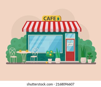 Restaurant cafe or store building on town street landscape. Bistro cafe, store and shop retail street business buildings fronts. Urban retro cafe with tables on the background of the urban landscape.